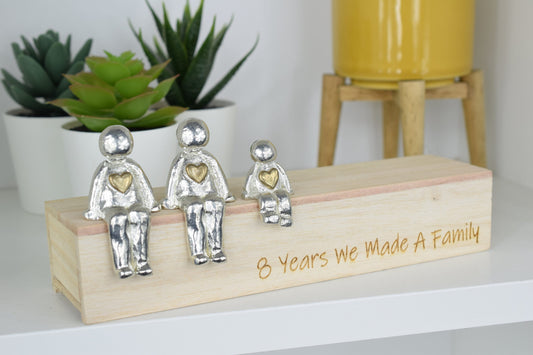 Bronze Anniversary 8 Years We Made a Family Sculpture Figurines with Bronze Hearts | 8th Anniversary | Wooden Box Size & Grain Will Vary